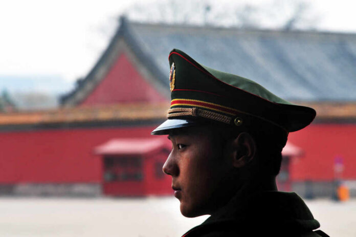 shutterstock_1153832398.jpg A military guard in uniform standing in profile against a historical building