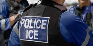 Close-up of a police officer's vest with 'POLICE ICE' label