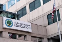 Education Scandal – Massive Aid Theft Exposed! Exterior view of the U.S. Department of Education building with an American flag