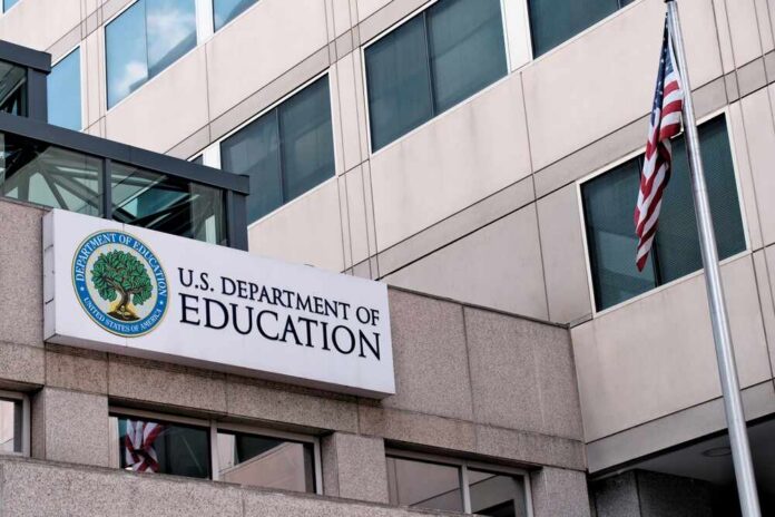 Exterior view of the U.S. Department of Education building with an American flag