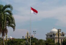 Indonesian flag waving in front of a building and palm trees