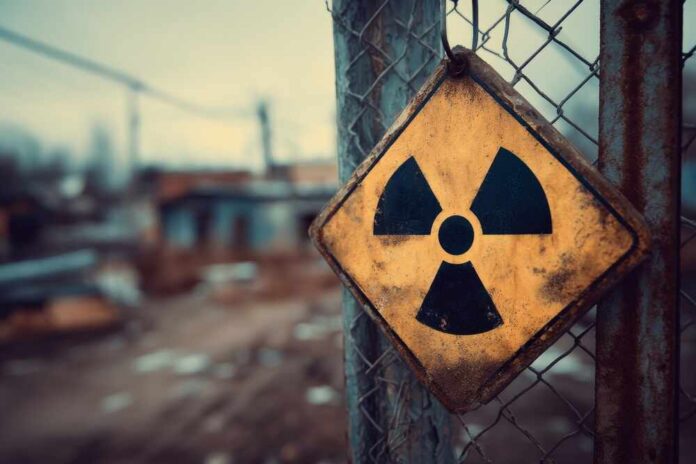 shutterstock_2693525897.jpg A weathered radiation warning sign on a fence