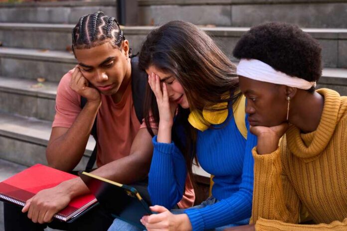 Three students sitting on steps, looking at a tablet with concerned expressions