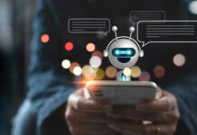 Person using smartphone with chatbot hologram display