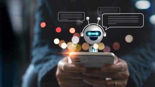 Person using smartphone with chatbot hologram display