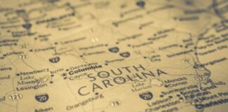 South Carolina map close-up with cities and highways