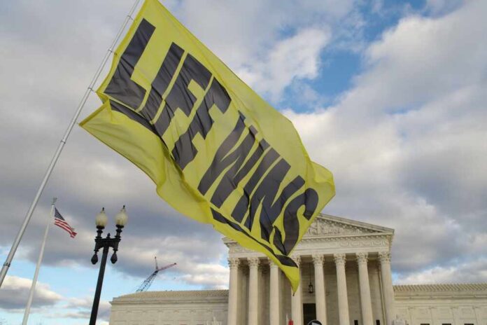 Washington,,Dc,-,January,20,,2023:,Pro-life,Protesters,Wave,A A large yellow flag with the words 'LIFE WINS' waving in front of the Supreme Court building
