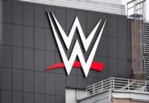 WWE logo displayed on a building exterior