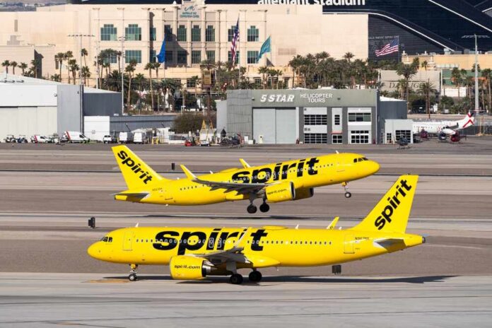 Two Spirit Airlines planes on a runway at an airport