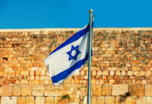 France Backstabs Israel, Lion Takes Flight Israeli flag waving in front of an ancient stone wall