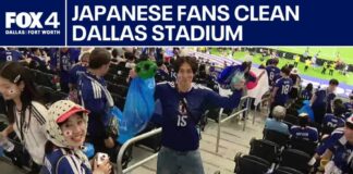 Japanese fans clean trash at Dallas Stadium