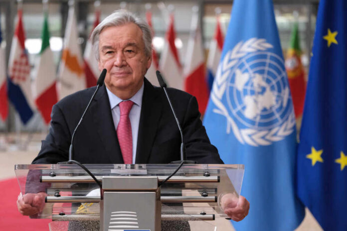 Brussels,,Belgium,,24,June,2021.,U.n.,Secretary-general,Antonio,Guterres,Arrive United Nations building with international flags displayed outside