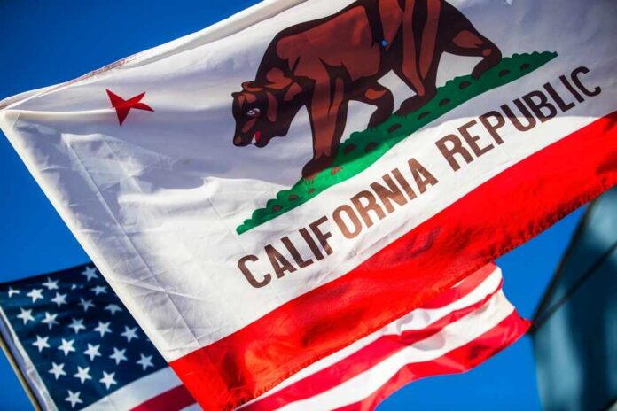 2024-11-15,Los,Angeles,Usa,The,California,State,Flag,With,A California Republic flag waving alongside the American flag against a blue sky