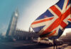 Union Jack flag in front of Big Ben in London