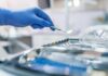 Gloved hand holding a dental mirror over instrument tray