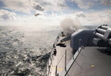 Fleet Readiness Nightmare Brewing Naval ship firing a weapon into the ocean with a plane flying overhead
