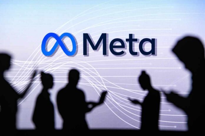New,York,,Usa,,1.,March,2022:,Meta,Or,Metaverse,Logo Meta logo above silhouettes of people using mobile devices