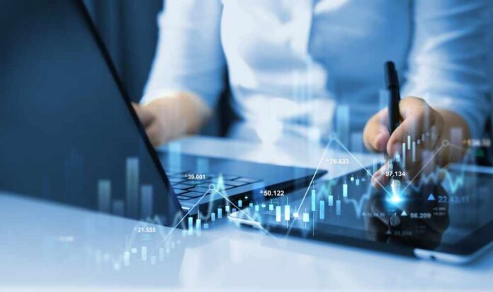 Trader,Analyzing,Data,On,Virtual,Screen.price,Graph,And,Indicator.,Stock Mobile device displaying Morgan Stanley logo over chart
