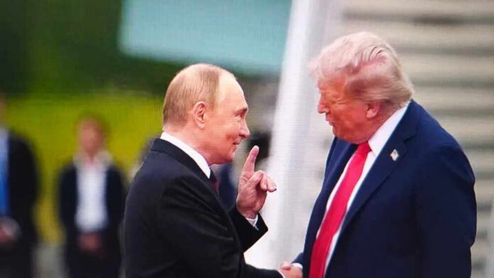 Donald,Trump,And,Vladimir,Putin,Shake,Hands,At,A,Summit, Two political leaders shaking hands during a meeting