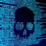 skull silhouette in blue computer code
