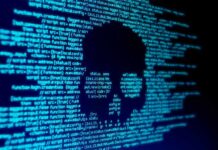 skull silhouette in blue computer code