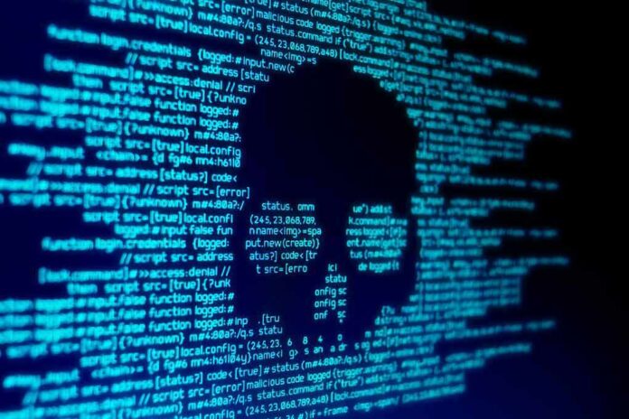 skull silhouette in blue computer code