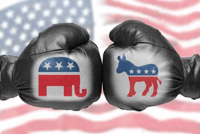 shutterstock_1748748089 Two boxing gloves with elephant and donkey symbols facing off