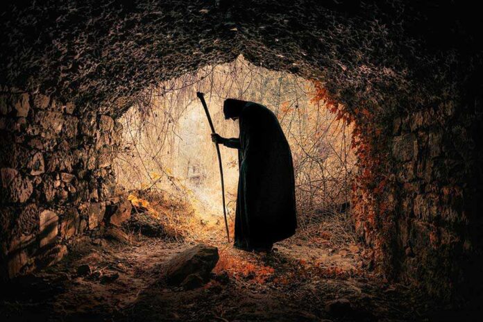 A silhouette of a mysterious figure with a walking stick standing in a dark cave surrounded by overgrown vegetation