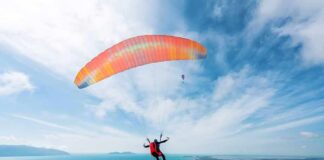 Paraglider launching over a coastal city and blue sea