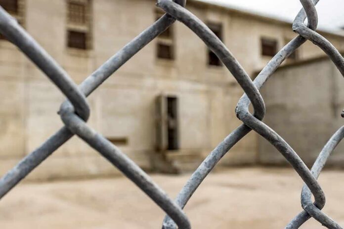 Chain-link fence with blurred concrete building behind