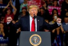 Power Move: Trump’s Ballroom Marches Forward Donald Trump speaking at a rally podium with arms raised