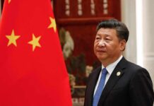 Xi Jinping standing beside a Chinese flag