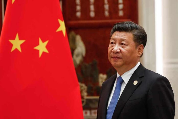Xi Jinping standing beside a Chinese flag