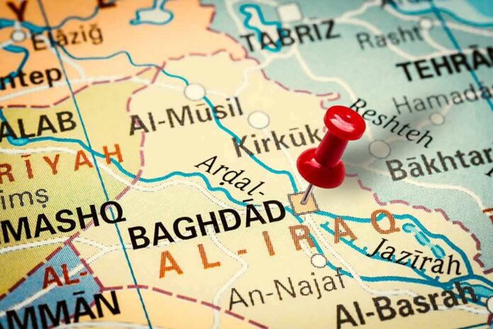shutterstock_1623912892 Map of Iraq with red pushpin near Baghdad