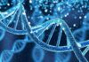 DNA double helix with glowing particles