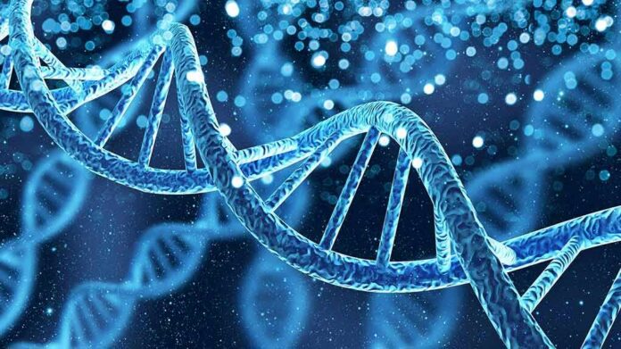 DNA double helix with glowing particles