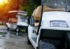 Kid at Wheel—Impairment Stunt Mows Into Crowd Golf cart with wet windshield and tire in focus