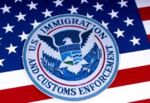 Brown Card Claim – Racial Slur Erupts at ICE Standoff ICE emblem on an American flag
