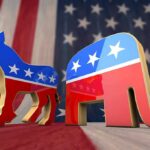 Millions Torched On Culture Wars – Votes Missing? Democratic donkey and Republican elephant symbols on American flag backdrop