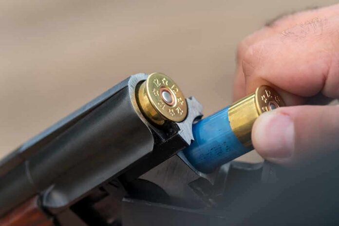 Close-up of shotgun being loaded with blue shells
