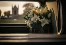 flower arrangement in a hearse window